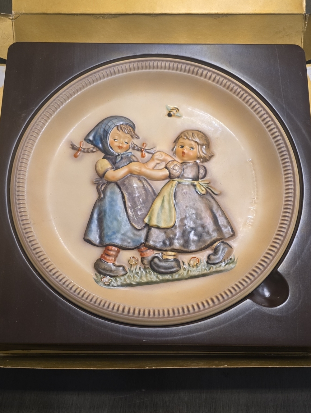 Hummel Blue and Cream Ceramic Wall Plaque with Dancing Children